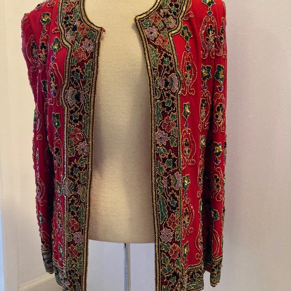 RARE! Exquisite Heavily Beaded Red SILK Dress Jacket, Niteline - Picture 2 of 10